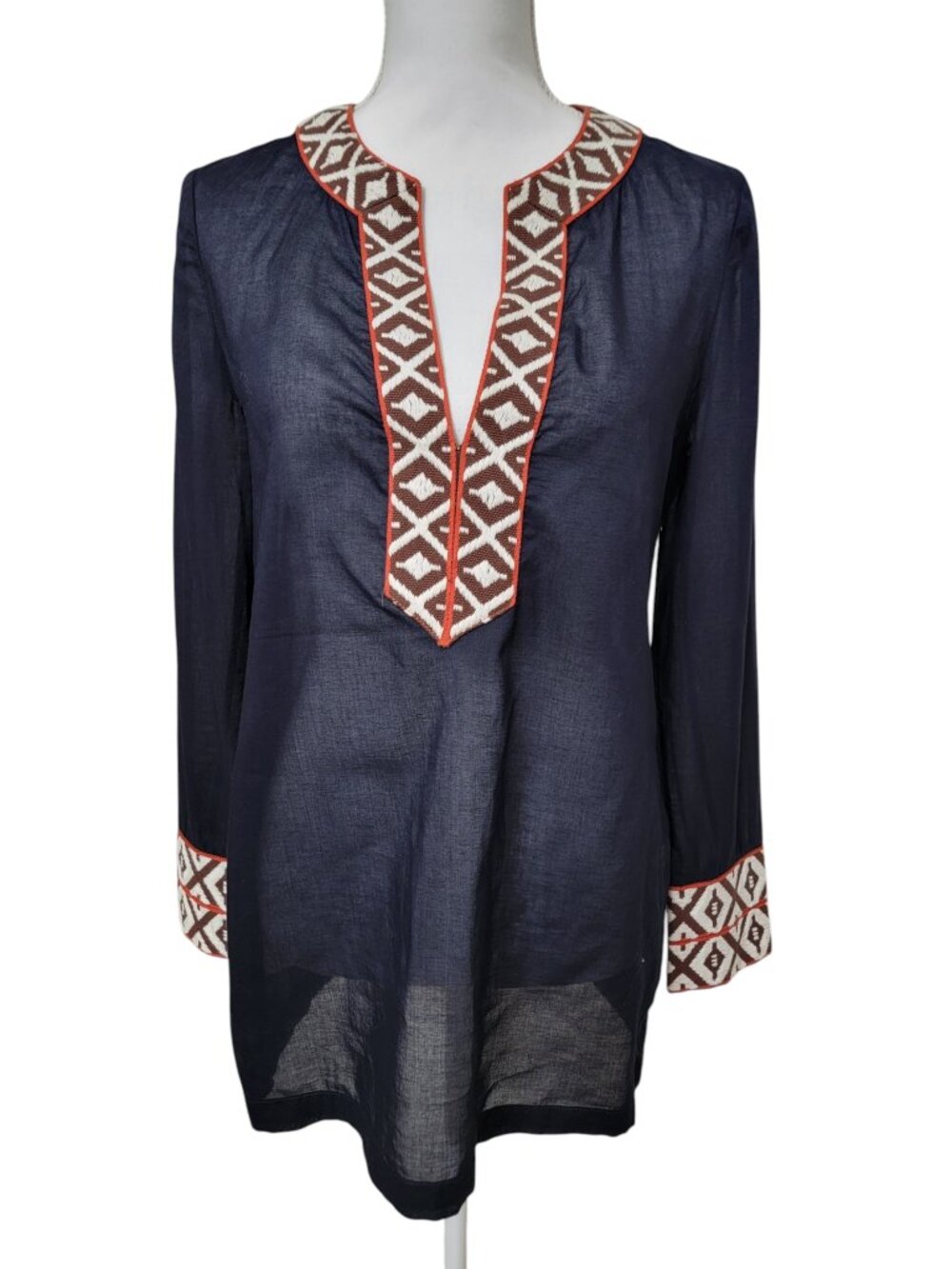 Tory Burch Size 6 (S) Navy Blue Tunic Sheer w/Brown, Rust & White Trim